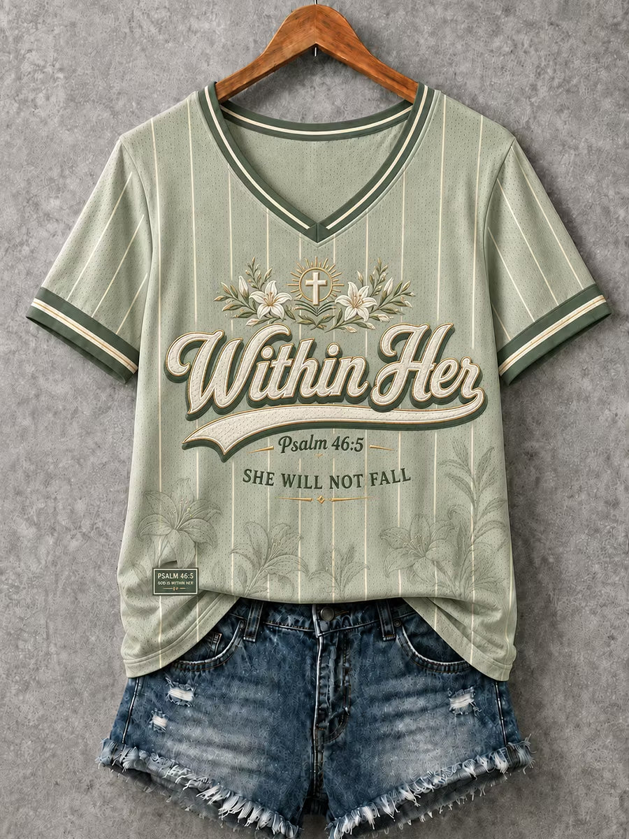 Women's Christian Psalm 46:5 "God Is Within Her"  V-Neck Short Sleeve T-shirt