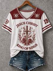 Women's Christian Jesus Christ "King Of Kings" Cross V-Neck Short Sleeve T-shirt