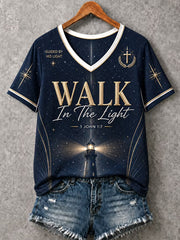 Women's Christian Walk In The Light Cross V-Neck Short Sleeve T-shirt
