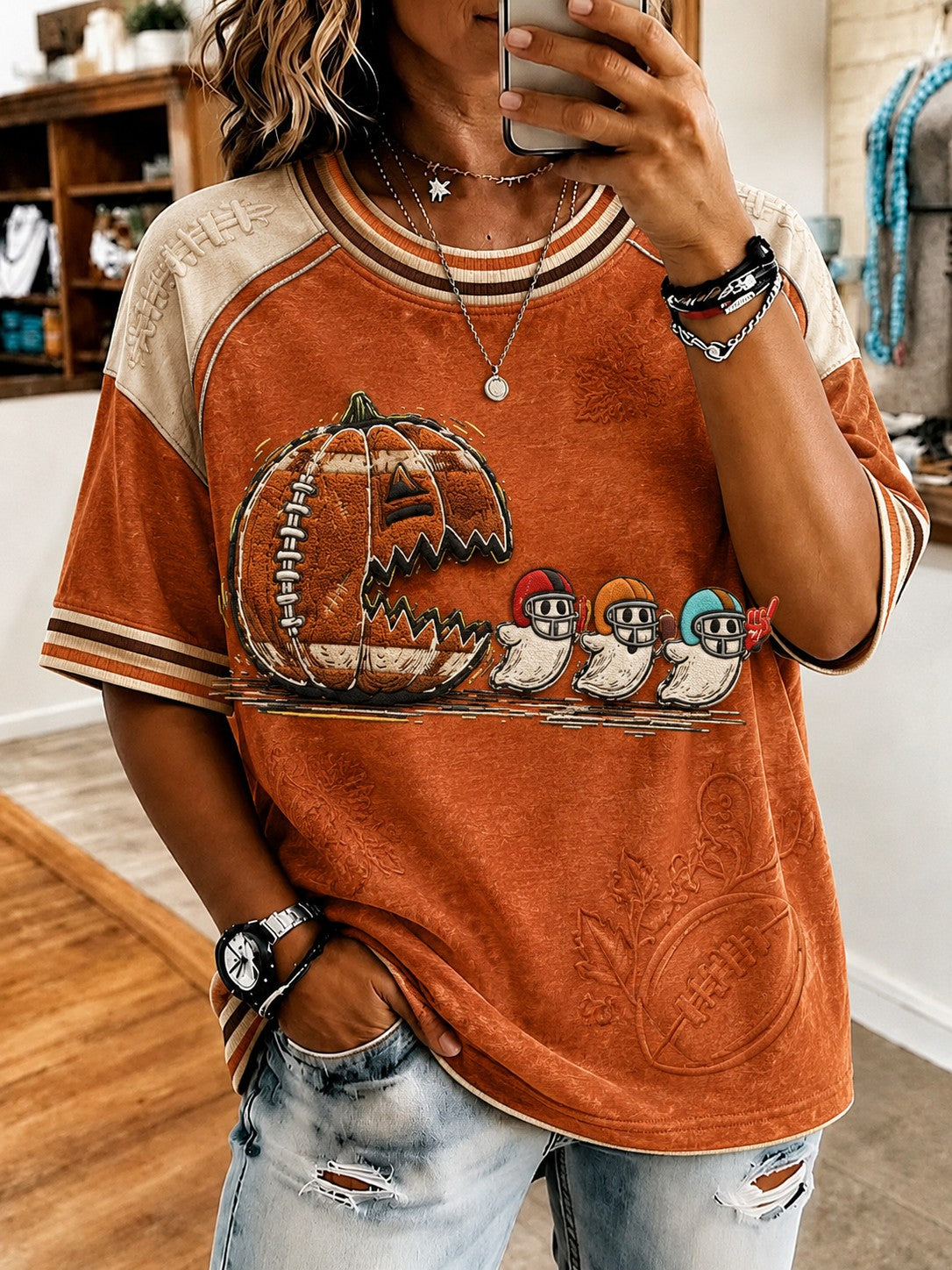 Women's Halloween Pumpkin Football Printed T-shirt