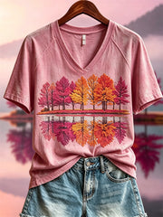 Women's Fall Pink Forest Reflection Landscape Print short-sleeved T-shirt