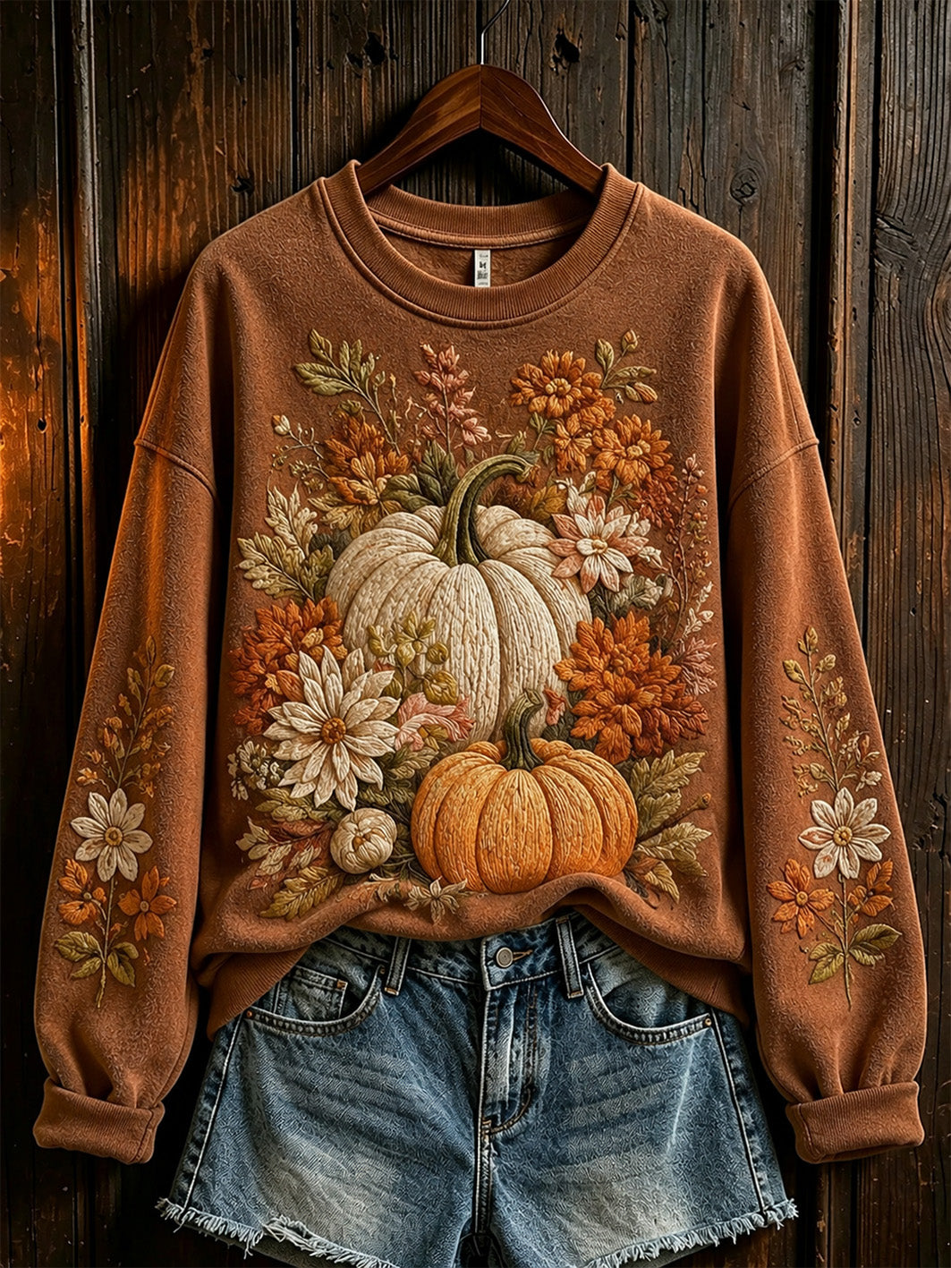 Women's autumn pumpkin and floral pattern printed casual sweatshirt