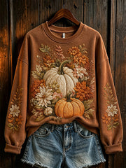 Women's autumn pumpkin and floral pattern printed casual sweatshirt