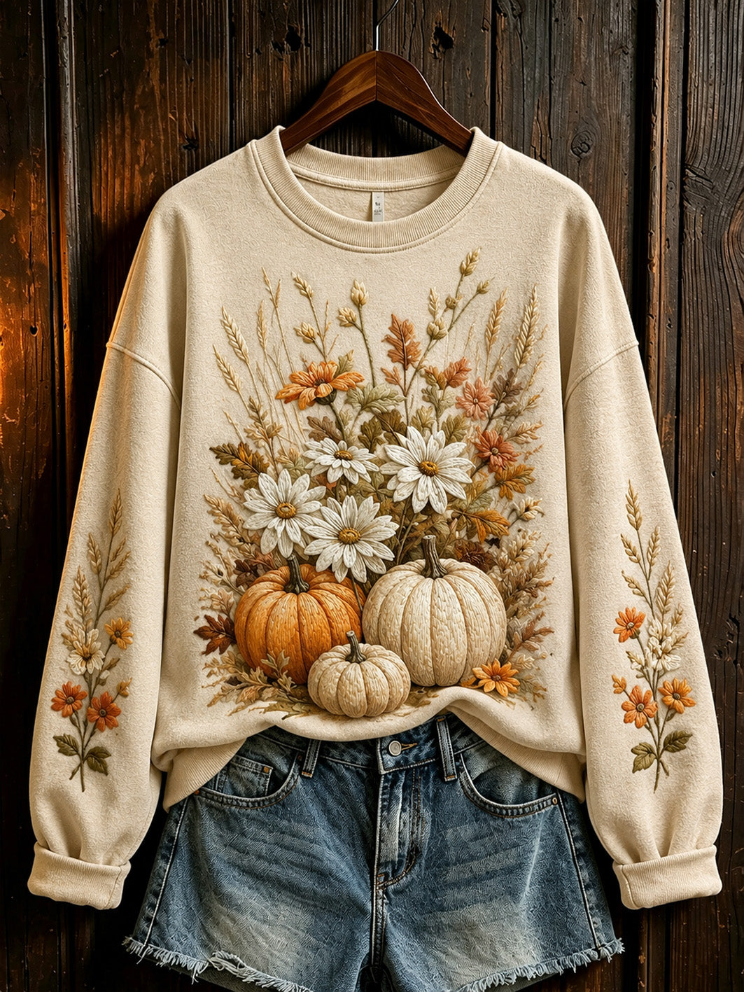 Women's autumn pumpkin and floral pattern printed casual sweatshirt