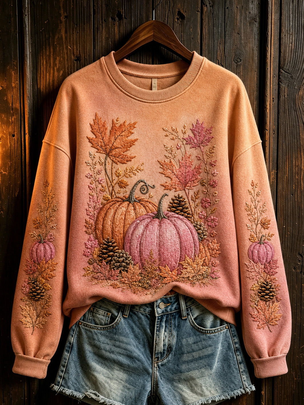 Women's autumn pumpkin and floral pattern printed casual sweatshirt