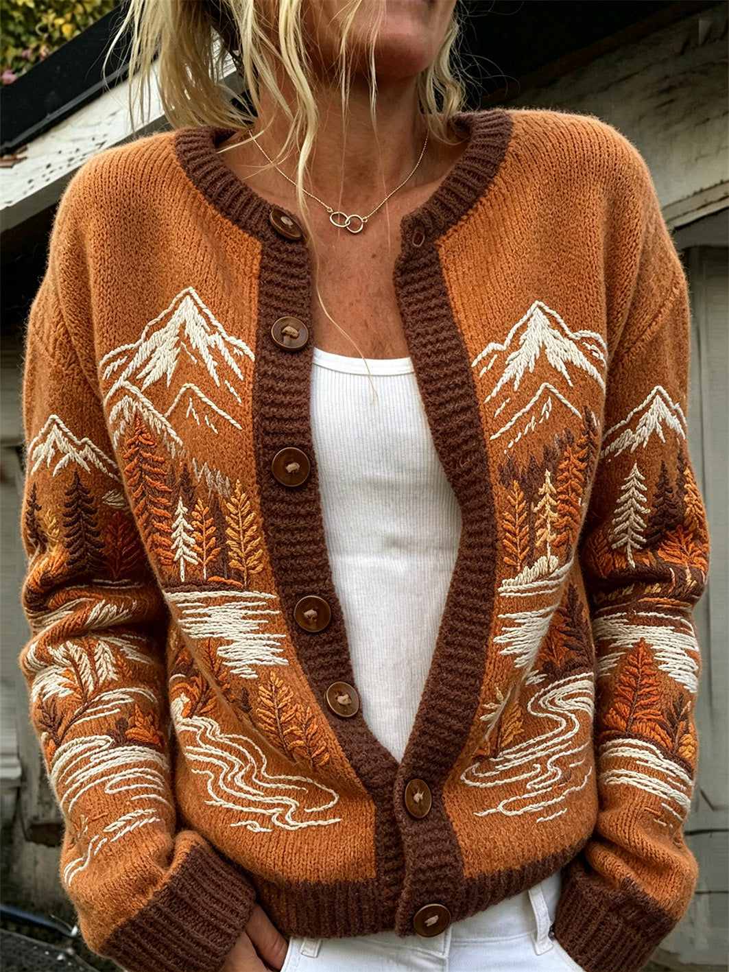 Women's Autumn Forest Pattern Causal Cardigan-Style Knit Jacket