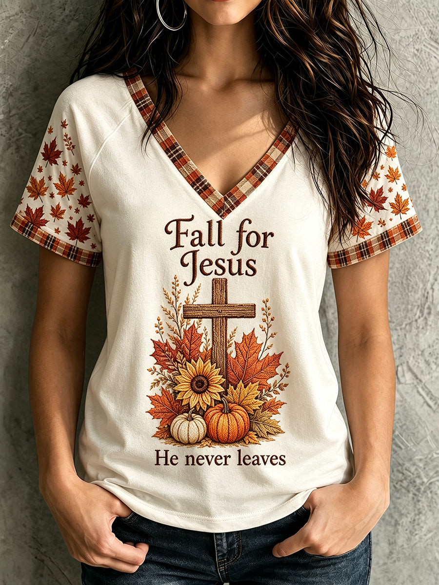 Women's Fall For Jesus He Never Leaves Cross Print V-neck Short-sleeved T-shirt