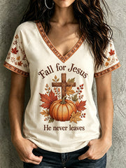 Women's Fall For Jesus He Never Leaves Cross Print V-neck Short-sleeved T-shirt