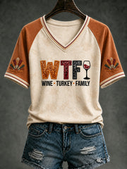 Women's Happy Thanksgiving Printed V-neck T-shirt