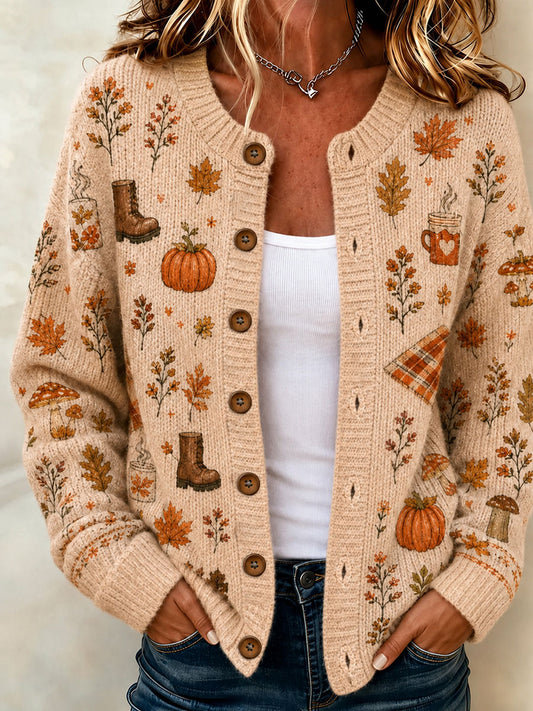 Women'S Autumn Plant Printed Knitted Cardigan