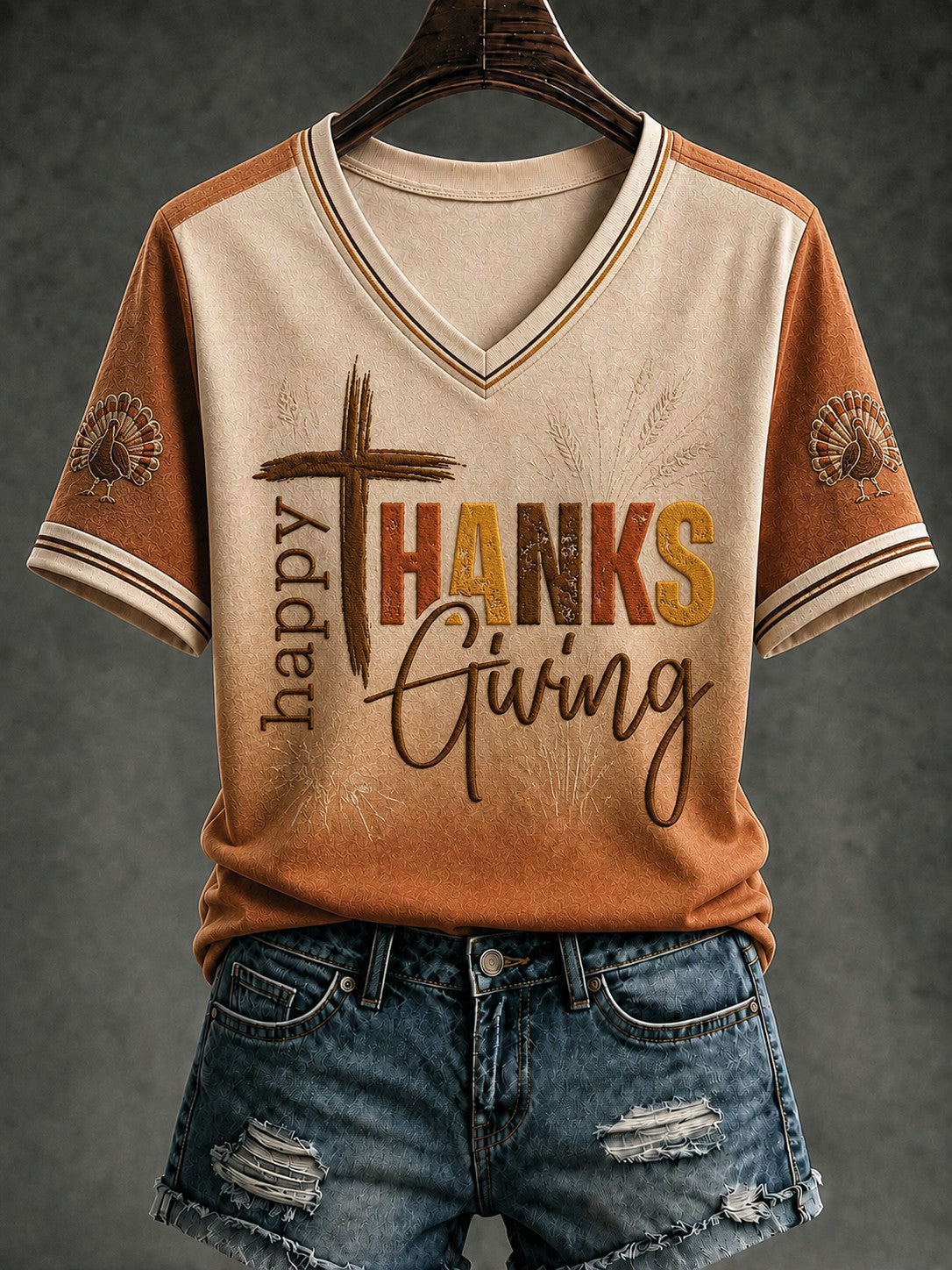 Women's Happy Thanksgiving Printed V-neck T-shirt