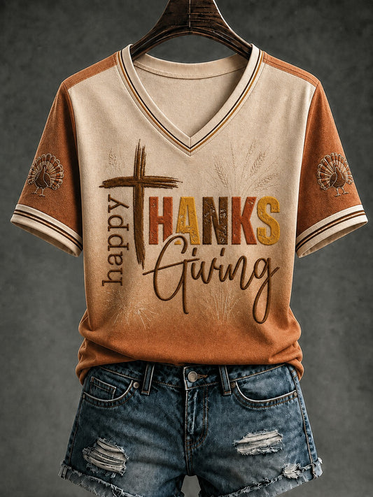 Women's Happy Thanksgiving Printed V-neck T-shirt
