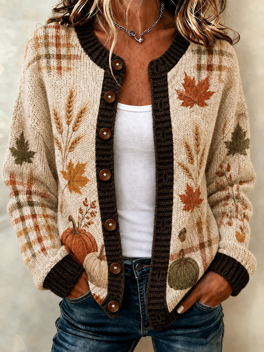 Women's Casual Contrasting Plaid Pumpkin Printed Knitted Cardigan Top