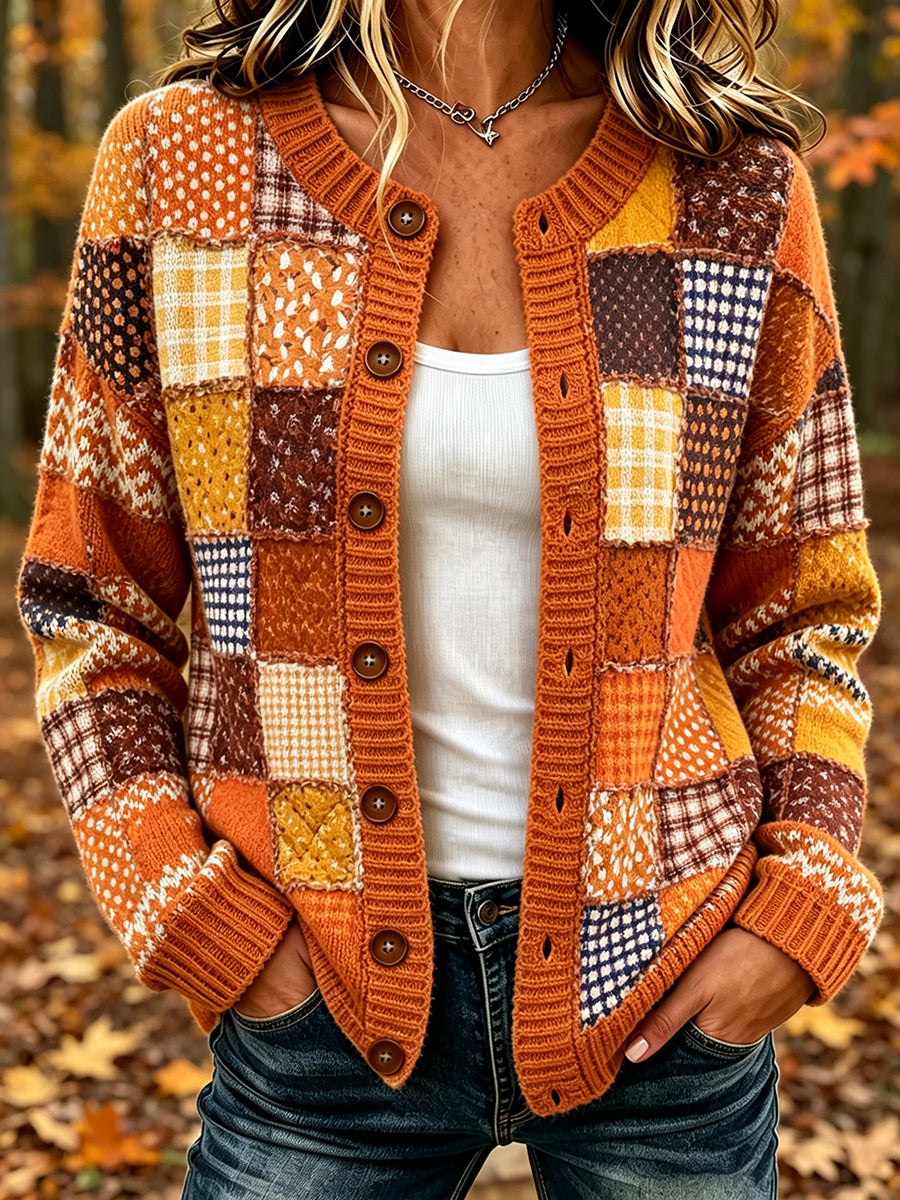 Women's Vintage Fall Patchwork Print Cozy Cardigan