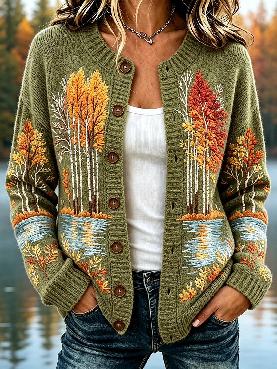 Women's Vintage Fall Trees Print Cozy Cardigan