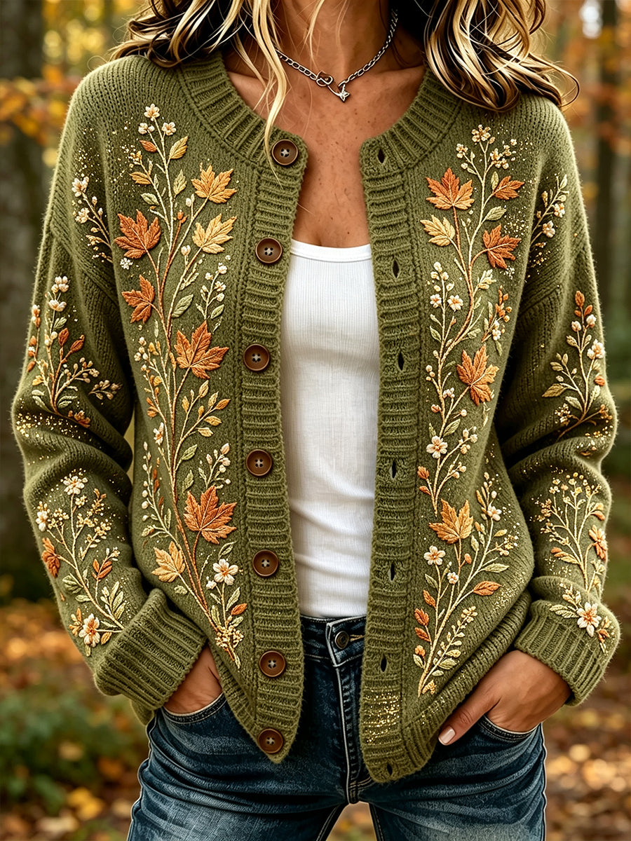 Women's Vintage Fall Leaves Print Cozy Cardigan