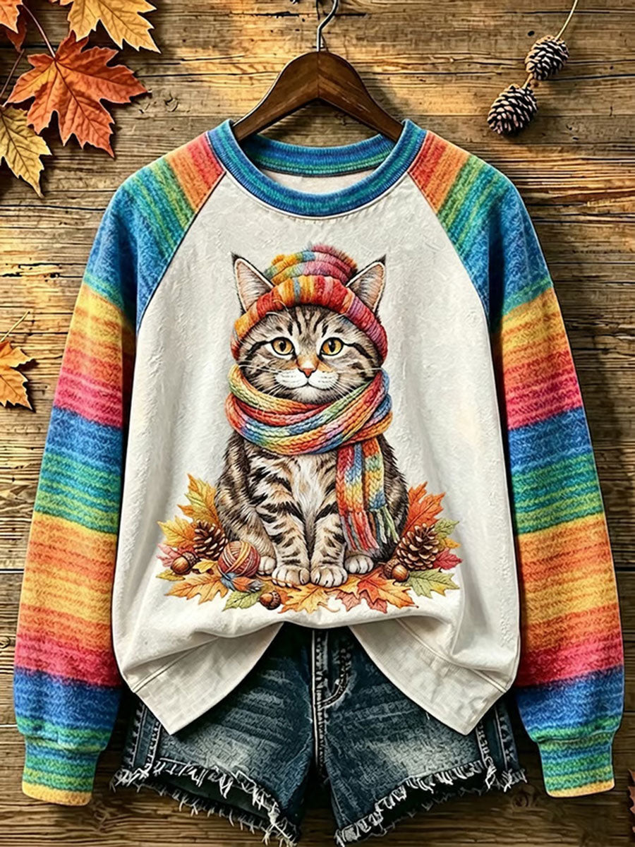 Women's Autumn Cat Printed Sweatshirt