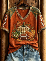 Women's Vintage Football Inspired Fall Pumpkins Print short-sleeved T-shirt