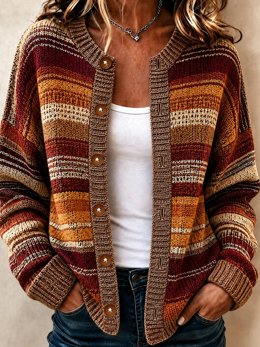 Women's Striped Art Print Casual Cardigan