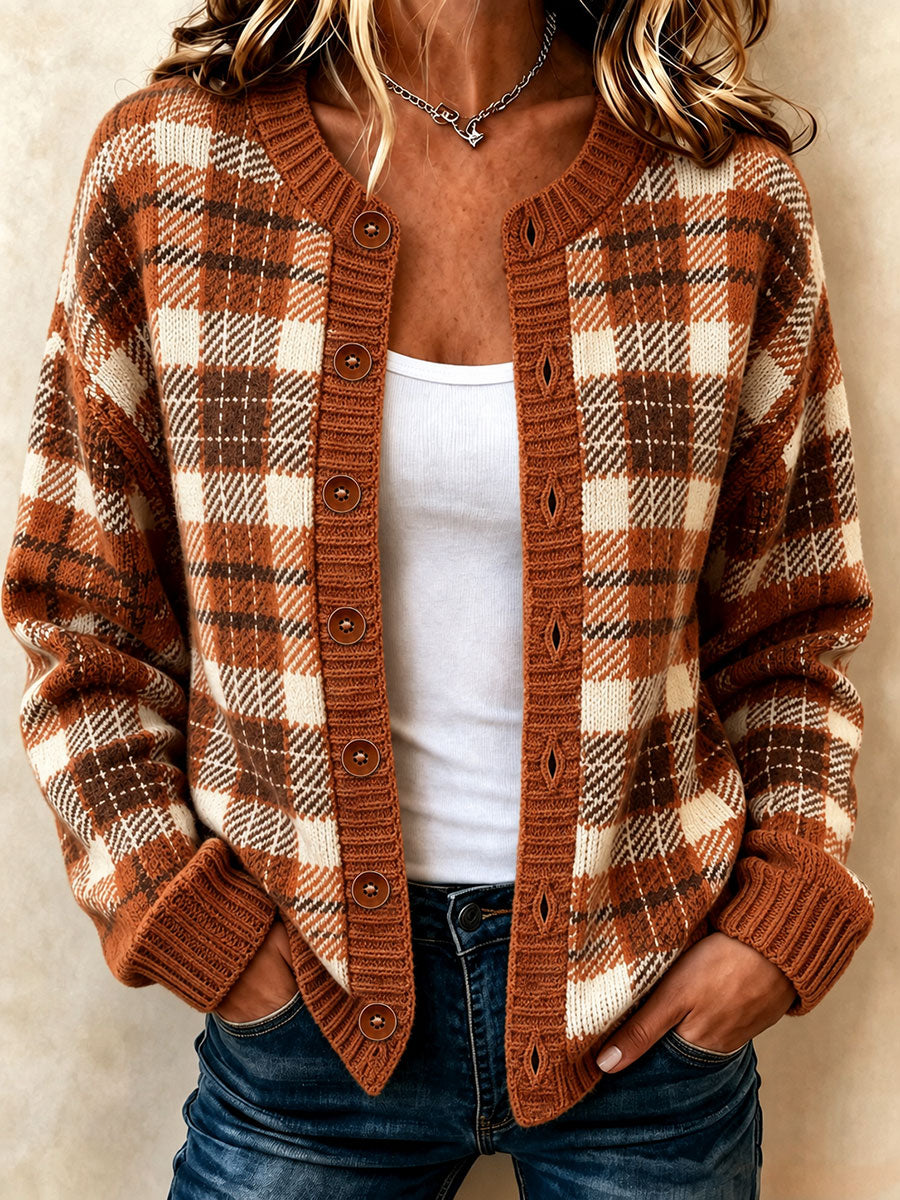 Women's Plaid Art Print Casual Cardigan