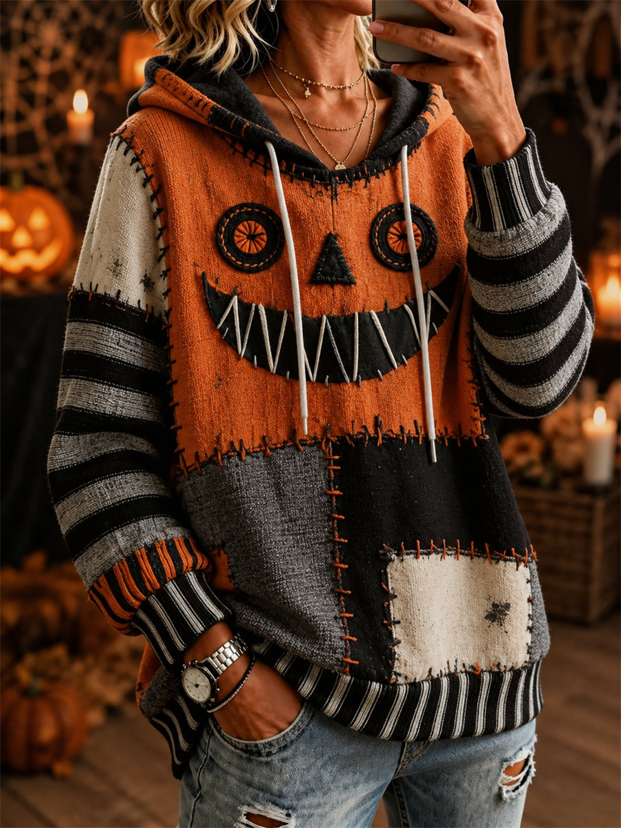 Women's Halloween Spooky Pumpkin Face Stitched Colorblock Print Cozy Hoodie