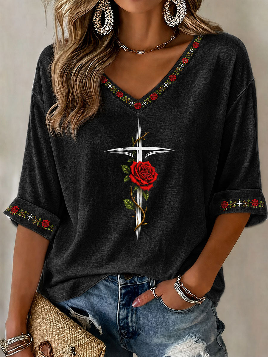 Women's Cross and Rose Print Casual T-Shirt