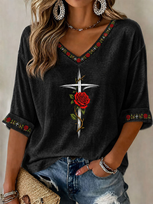 Women's Cross and Rose Print Casual T-Shirt