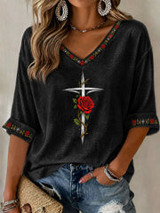 Women's Cross and Rose Print Casual T-Shirt