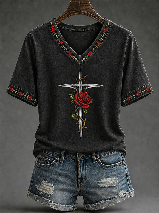 Women's Cross and Rose Print Casual T-Shirt