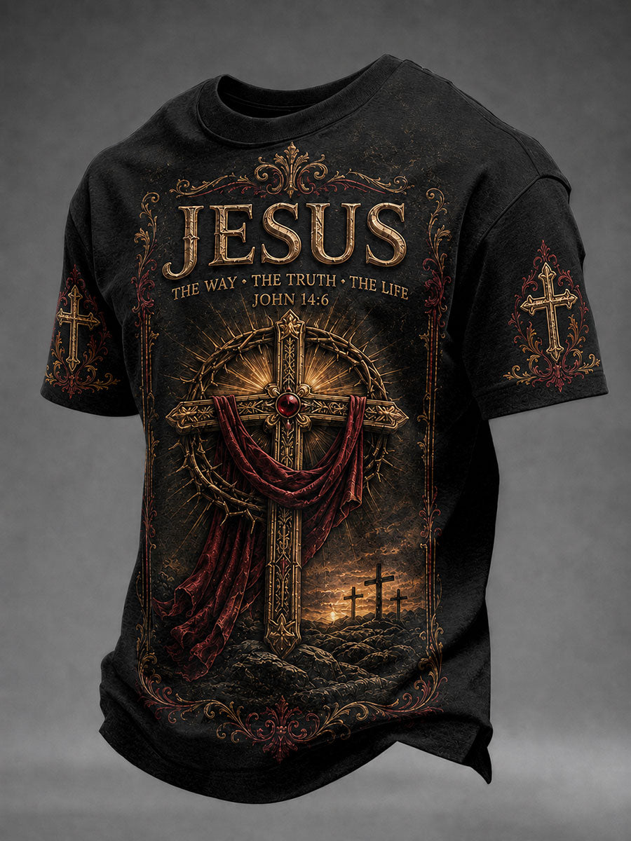 Men's Jesus The Way The Truth The Life Faith Cross Print Casual Short-Sleeve T-Shirt