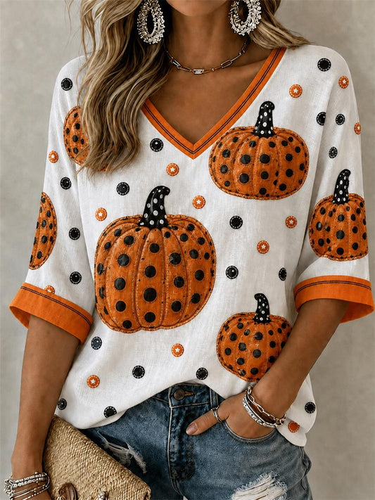 Women's Halloween Pumpkin Mid-length Sleeves V-Neck T-Shirt