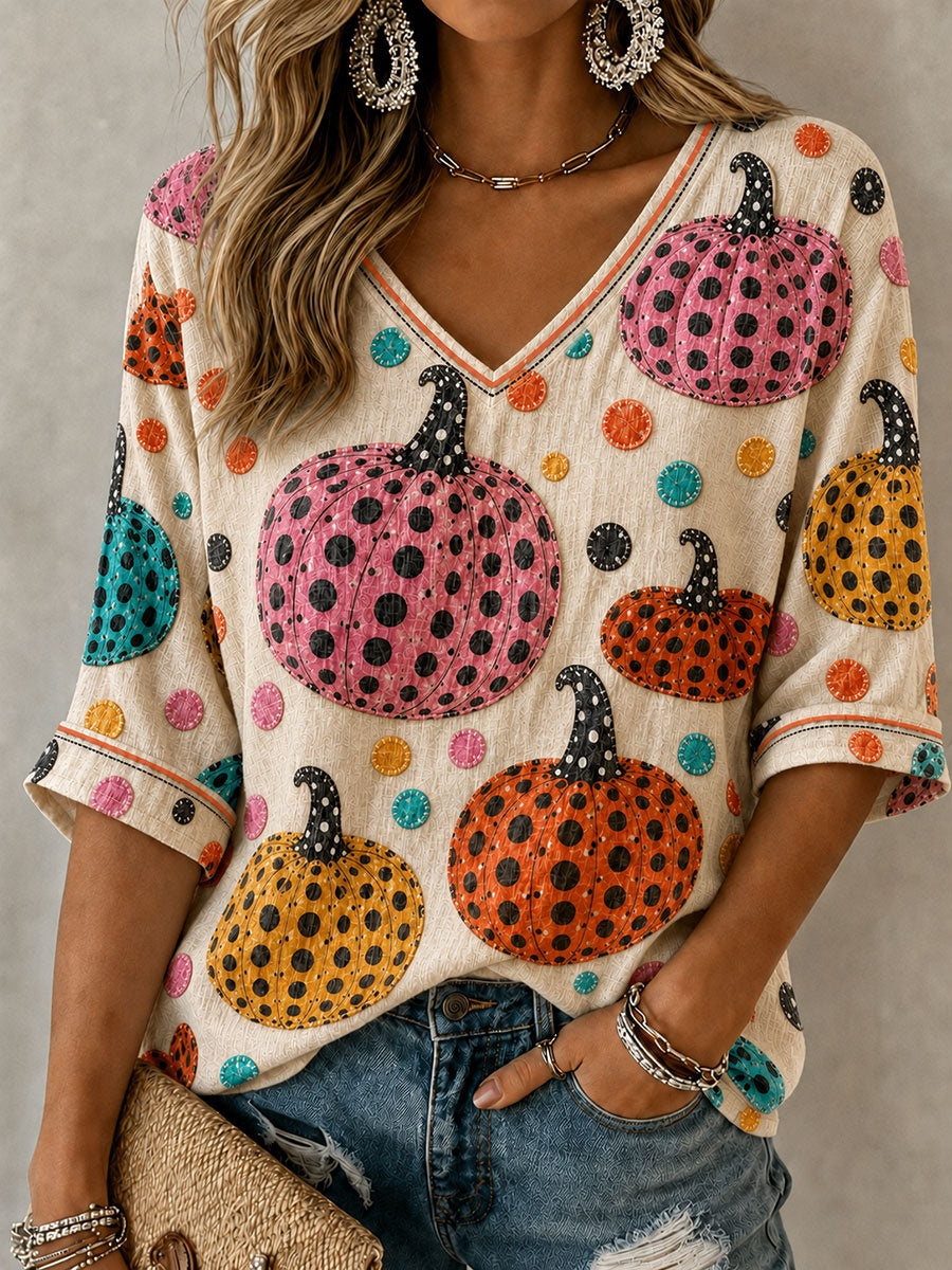 Women's Halloween Pumpkin Mid-length Sleeves V-Neck T-Shirt