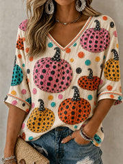 Women's Halloween Pumpkin Mid-length Sleeves V-Neck T-Shirt