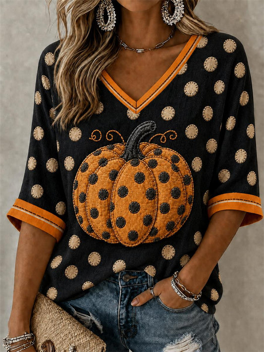 Women's Halloween Pumpkin Mid-length Sleeves V-Neck T-Shirt