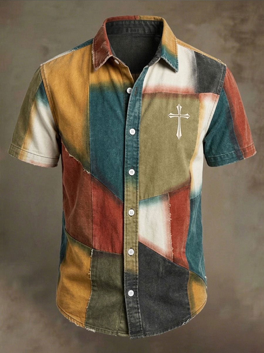 Men's Cross Pattern Patchwork Art Shirt