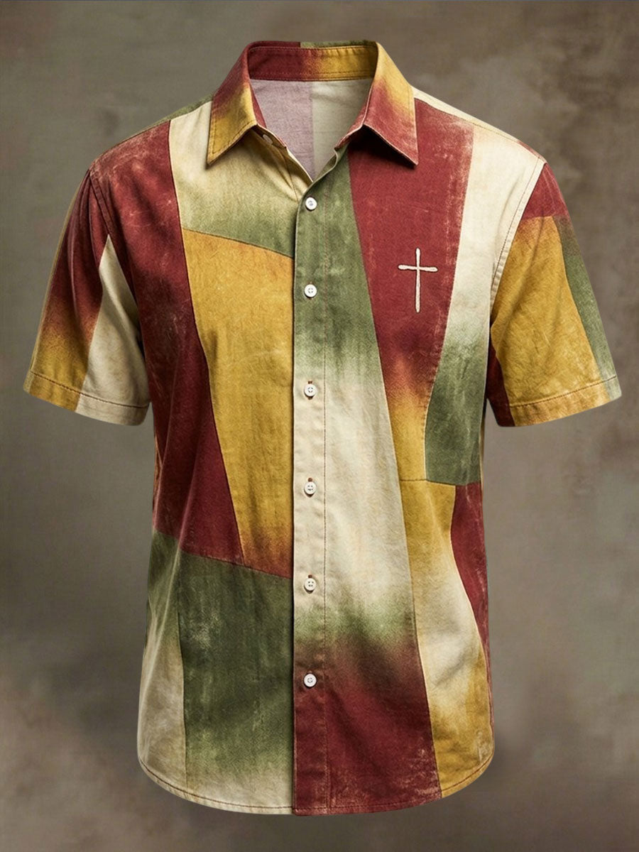 Men's Cross Pattern Patchwork Art Shirt