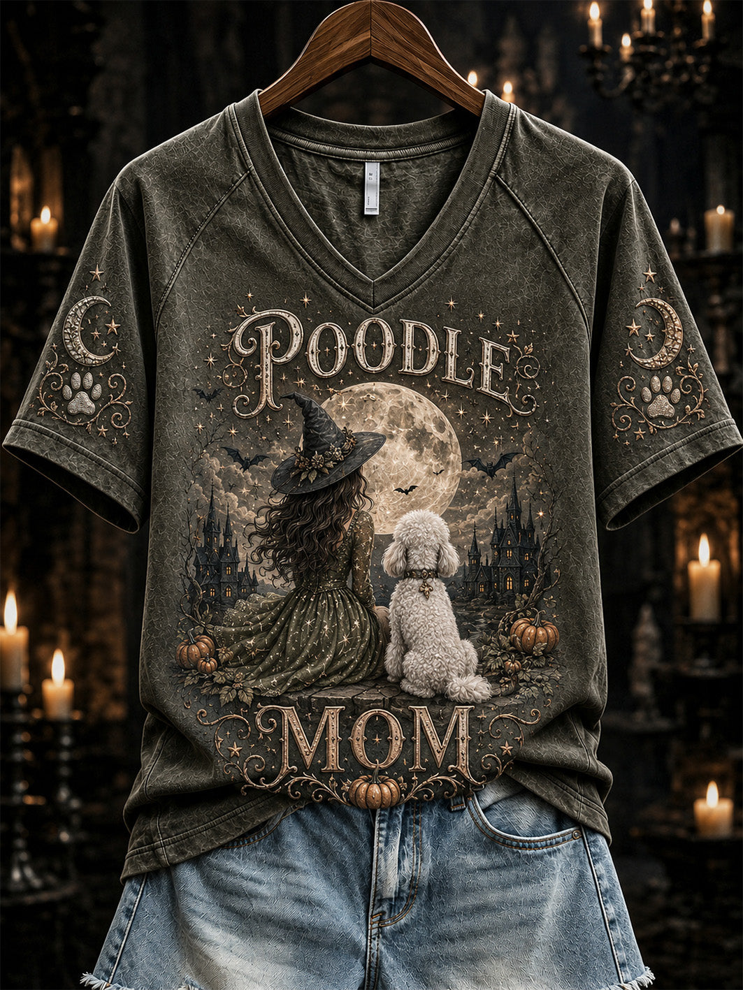 Women's Halloween theme witch and dog pattern design casual short-sleeve T-shirt