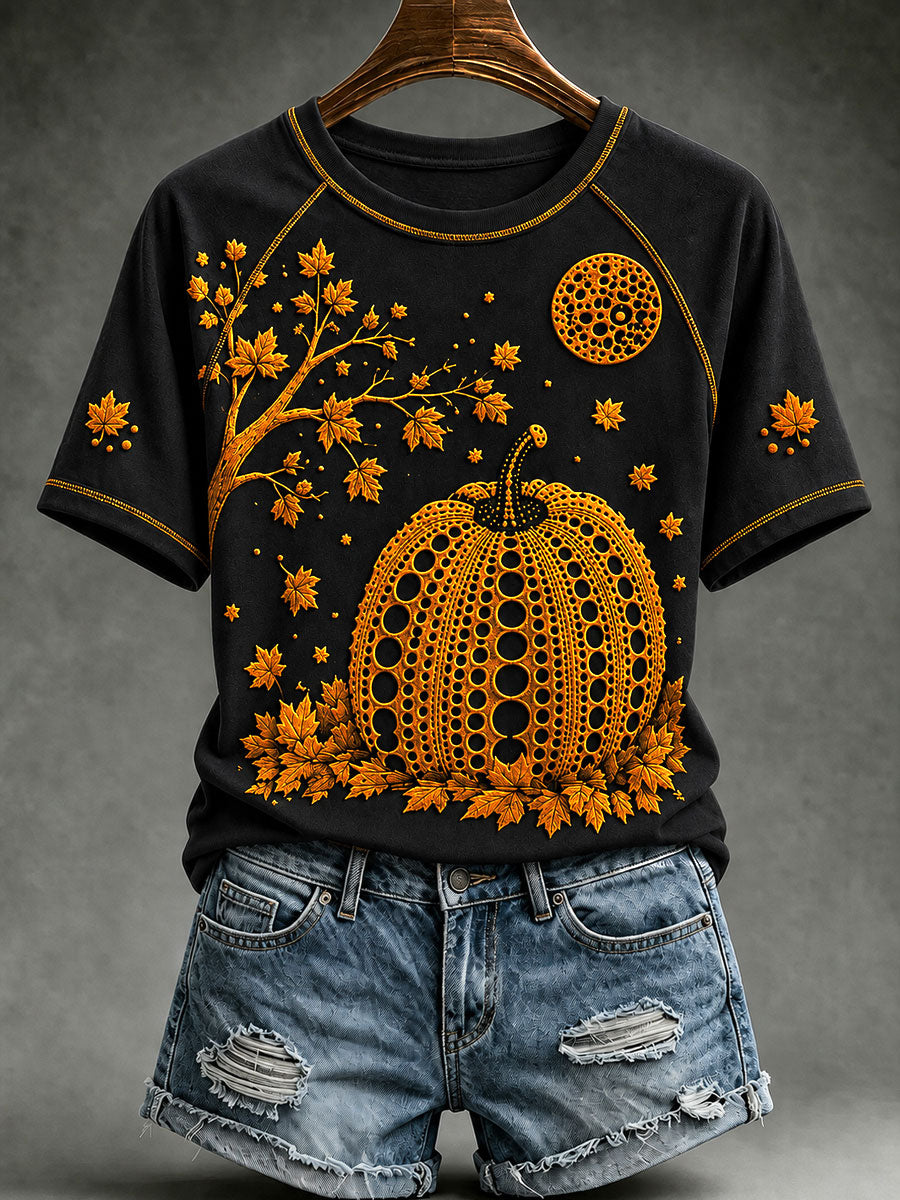 Women's Autumn Halloween Pumpkin Art Print Short Sleeve T-shirt
