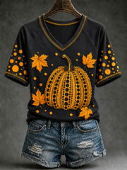 Women's Autumn Halloween Pumpkin Art Print Short Sleeve T-shirt
