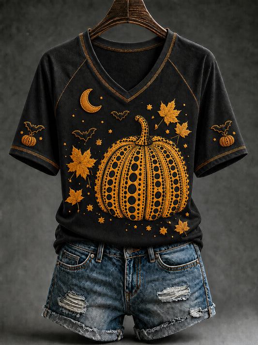 Women's Autumn Halloween Pumpkin Art Print Short Sleeve T-shirt