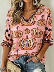 Women's Polka Dot Pumpkin Pattern Casual Mid-length Sleeves V-Neck T-Shirt