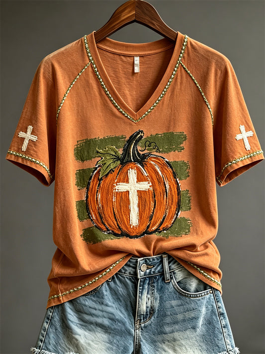 Women's Christian Fall Pumpkin Art Print short-sleeved T-shirt