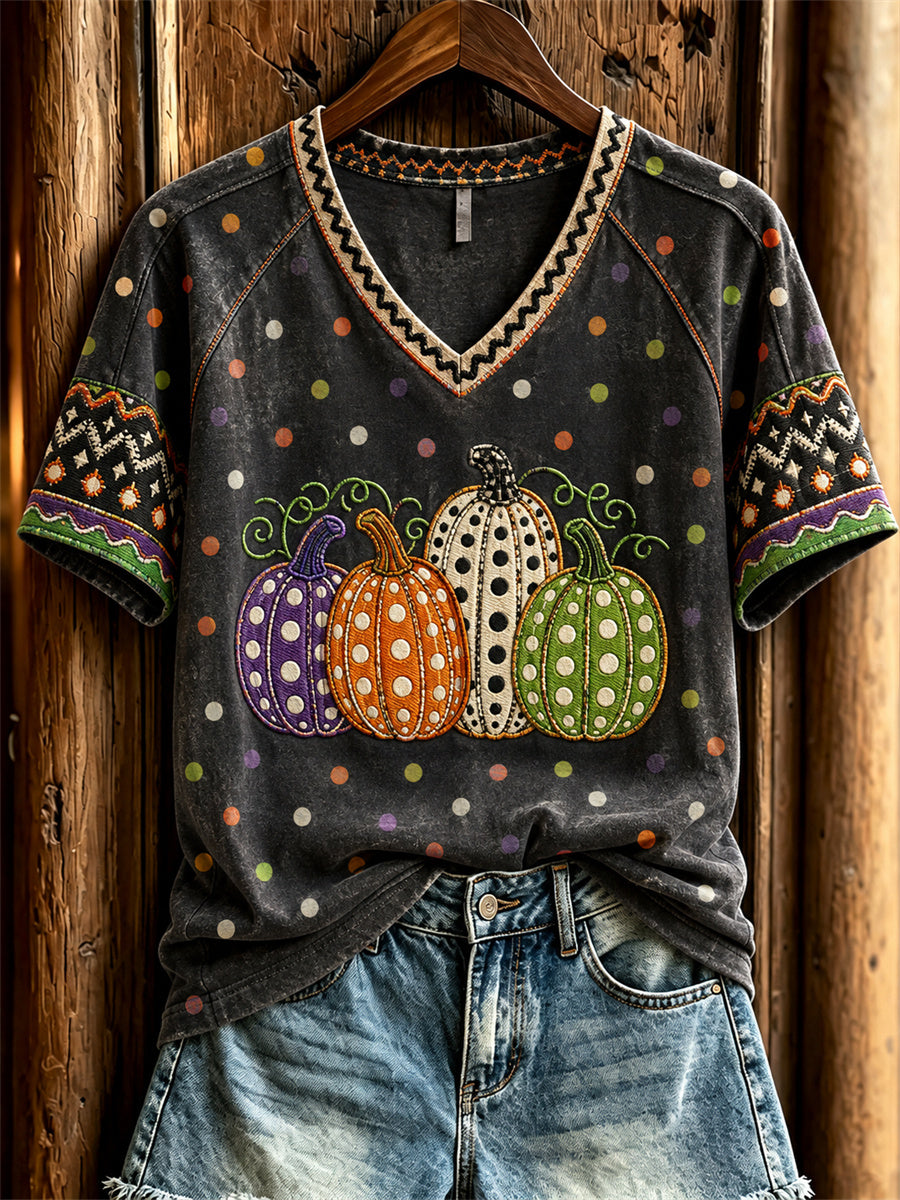 Women's Classic Fall Pumpkin Polka Dots Art Print short-sleeved T-shirt
