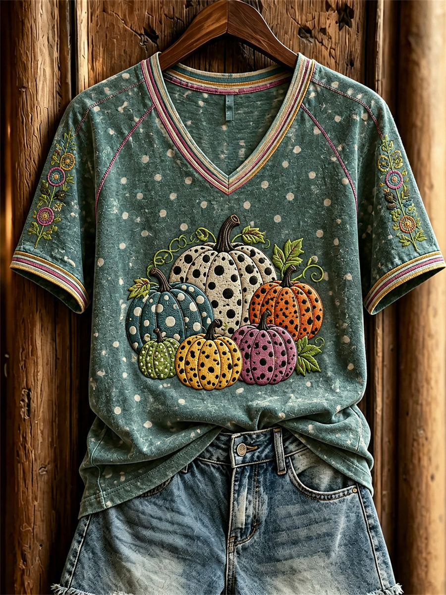 Women's Classic Fall Pumpkin Polka Dots Art Print short-sleeved T-shirt