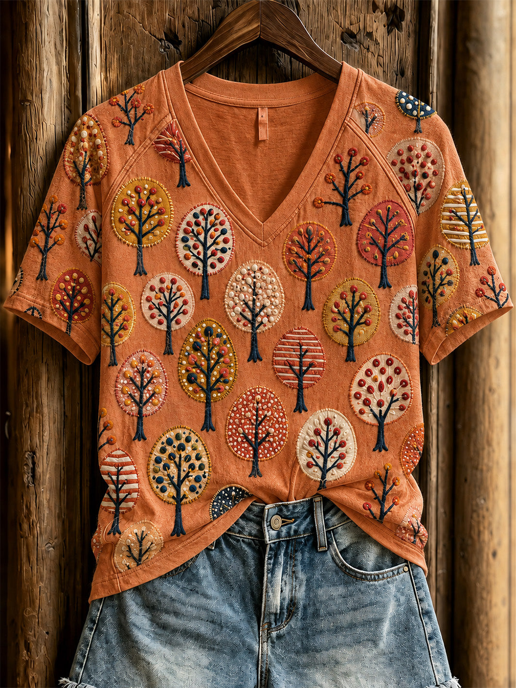 Women's Autumn tree pattern dot art casual short-sleeve T-shirt