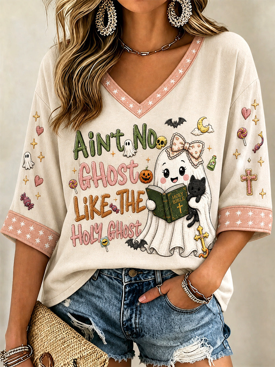 Women's Ain't No Ghost Like The Holy Ghost Print V-Neck Tee