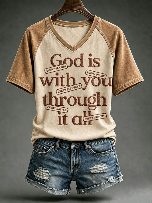 Women's God Is With You Through It All V-neck T-shirt