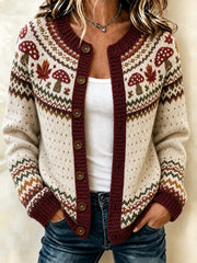 Women's Autumn Mushroom And Maple Leaf Pattern Casual Cardigan-Style Knit Jacket