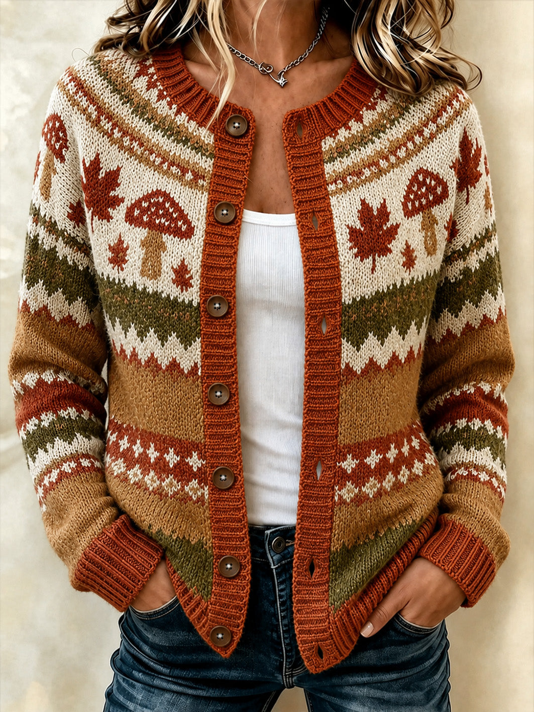 Women's Autumn Mushroom And Maple Leaf Pattern Casual Cardigan-Style Knit Jacket