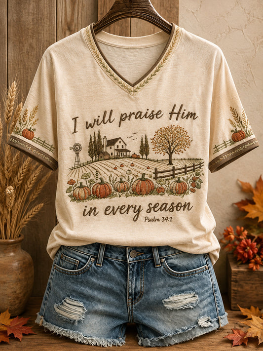 Women's Autumn Fall Lover I Will Praise Him Every Season Faith Printed T-shirt